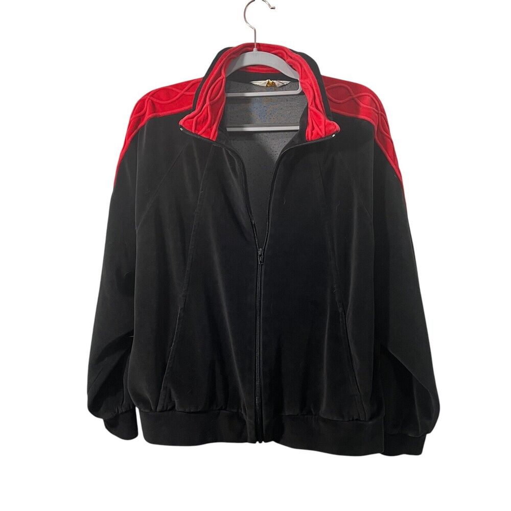 Quantum Velour Track Jacket Women Size L XL Black Red Retro 1970s Pockets Zip